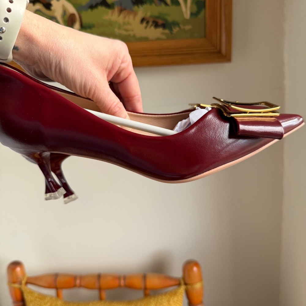C.Paravano Red Burgundy Gold Buckle Kitten Heels Metal Tie Pumps Olivia NEW 7.5 - Picture 3 of 16